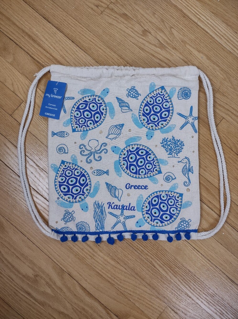 NWT My Breeze Greece Canvas Drawstring Bag - Turtle & Evil Eye Print